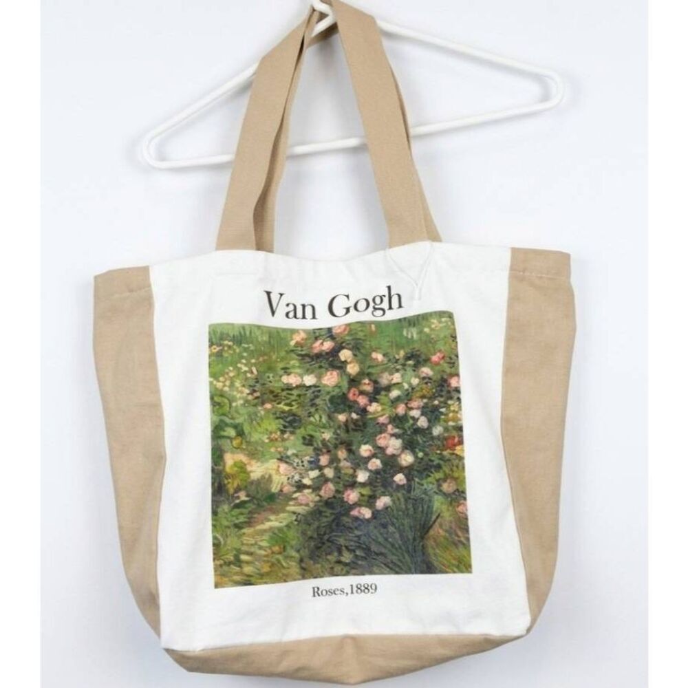 Vincent Van gogh canvas tote handbag rose painting 1889  square beige cream